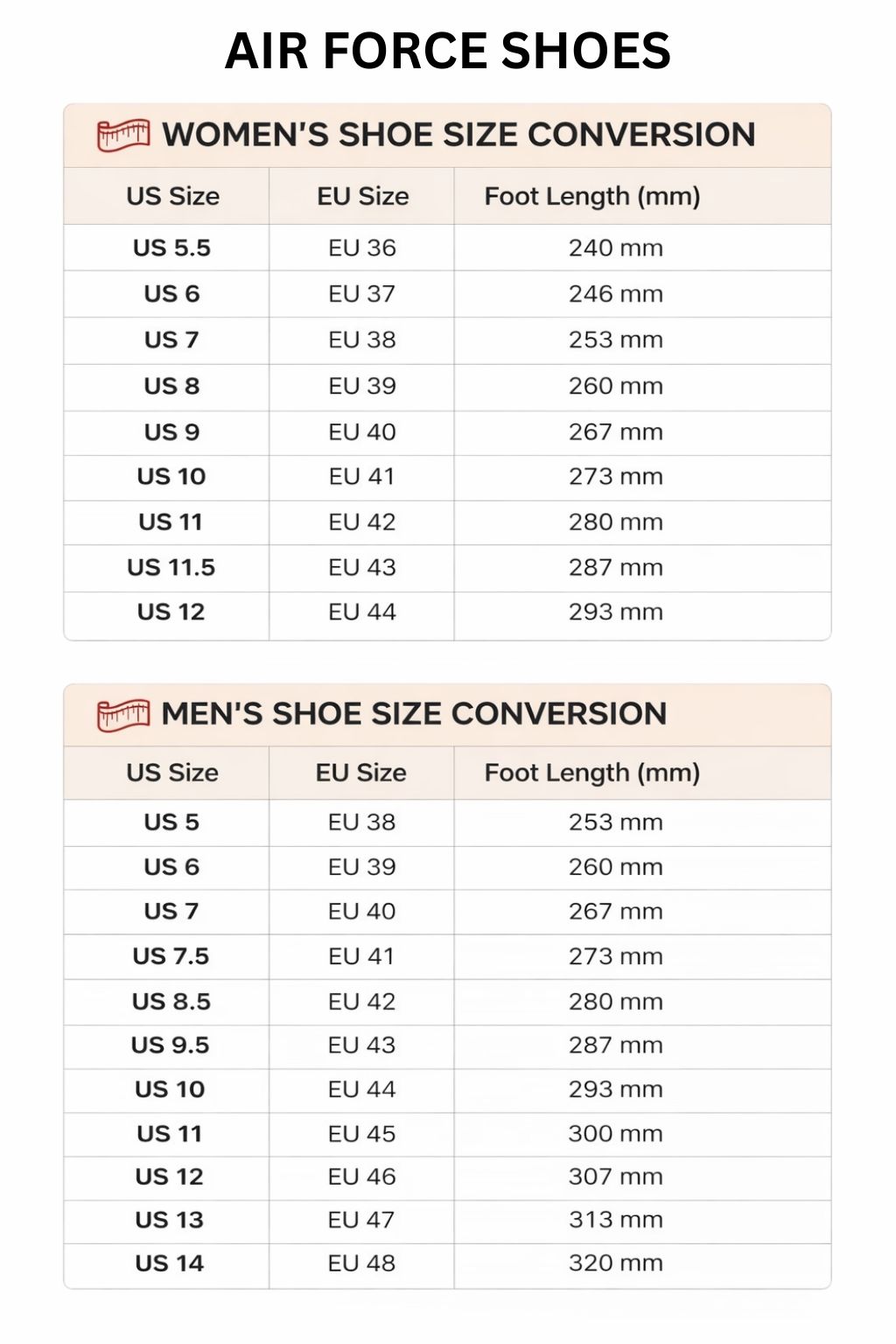 Air Force Shoes Size Chart - Bleach Merchandise