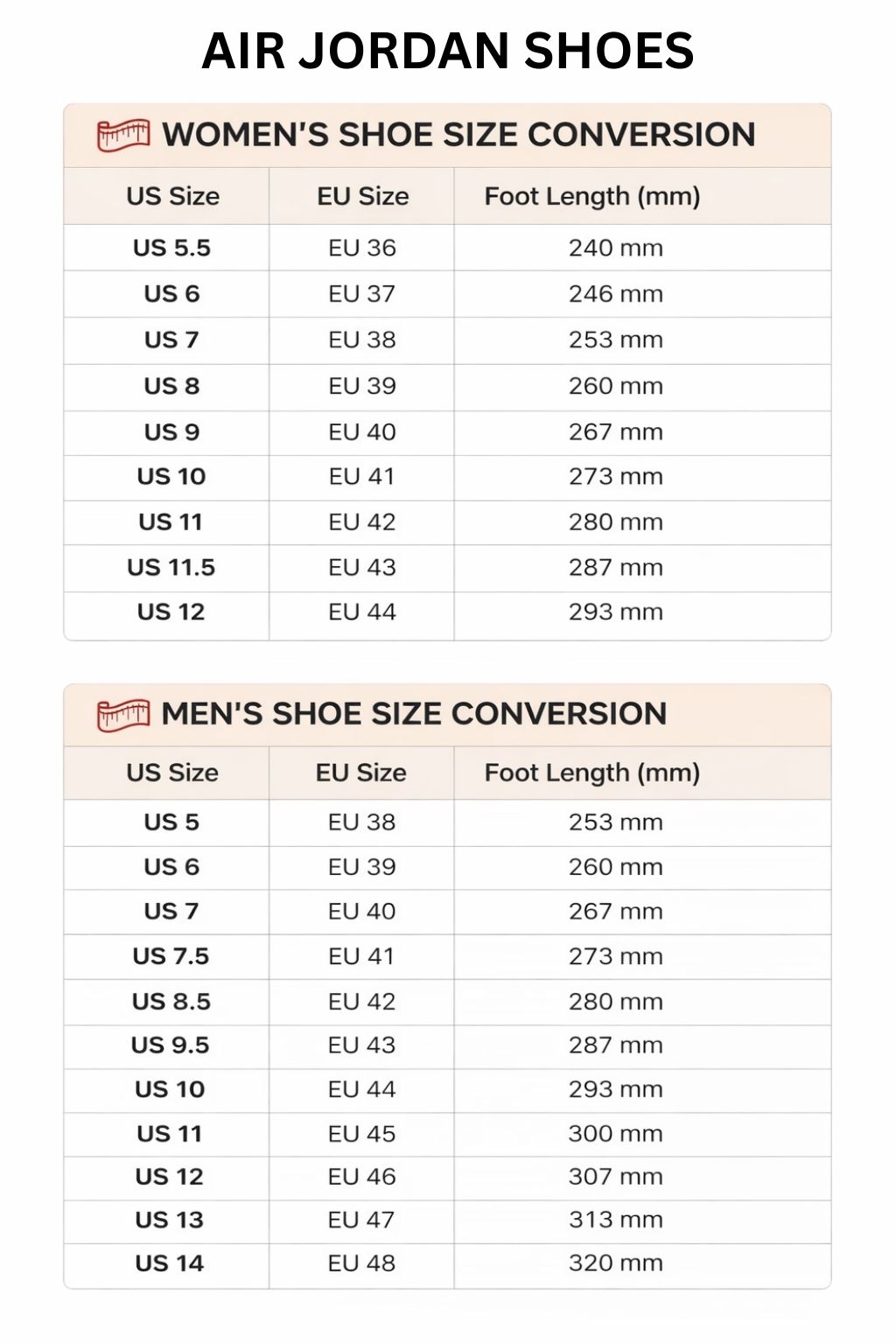 Air Jordan High Low Top Shoes Size Chart - Bleach Merchandise