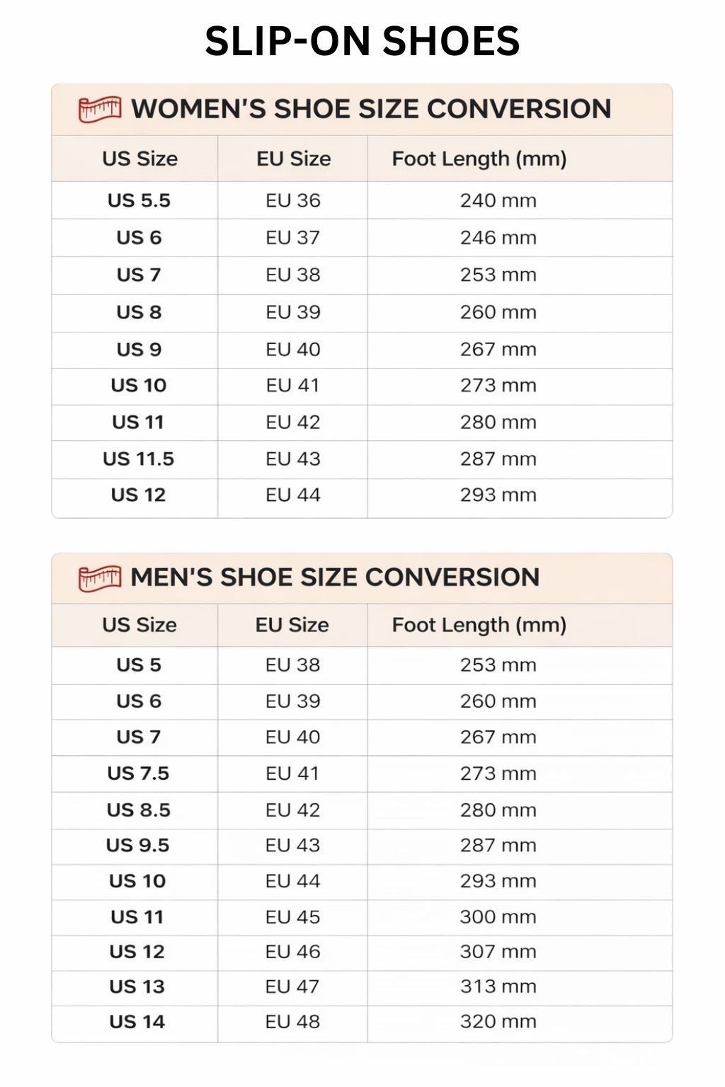 Slip On Shoes Size Chart - Bleach Merchandise