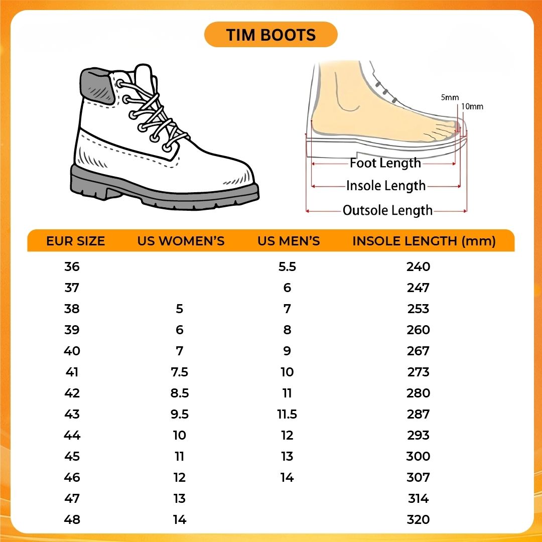 Tim Boots V1 Size Chart - Bleach Merchandise